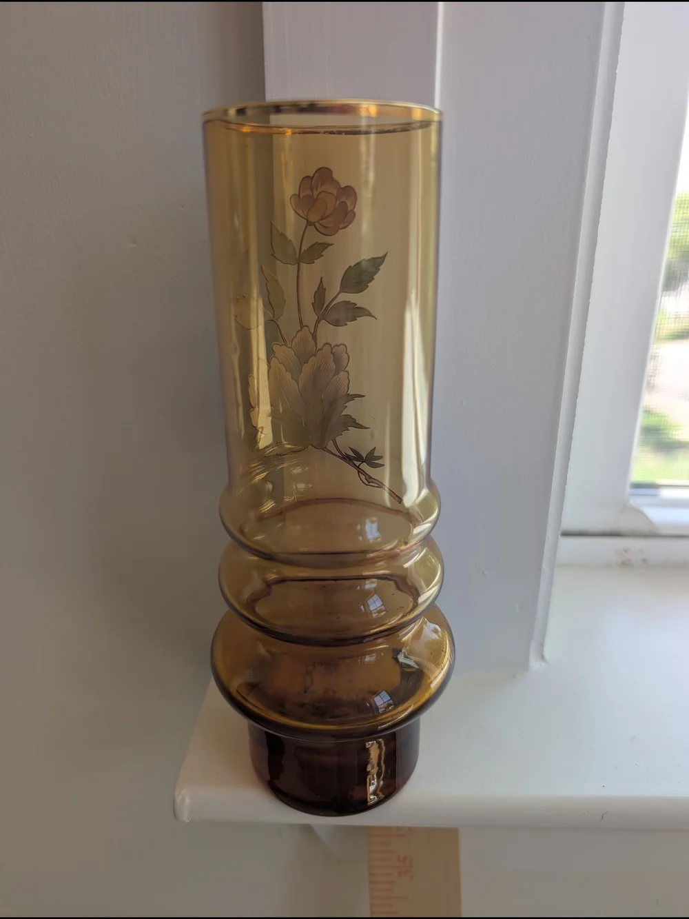VTG Norleans Made In Italy Amber Glass Hand Painted Floral Cylinder Vase 7